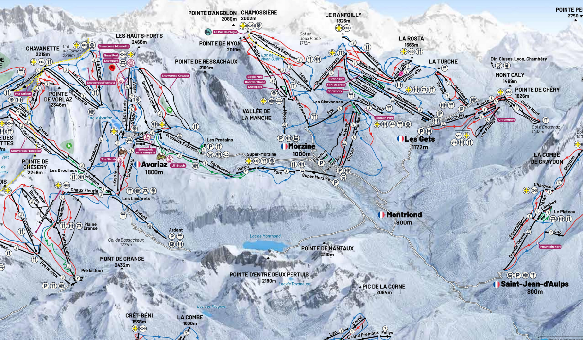 Piste-Map_Portes du Soleil ski area, focused on the Morzine area.