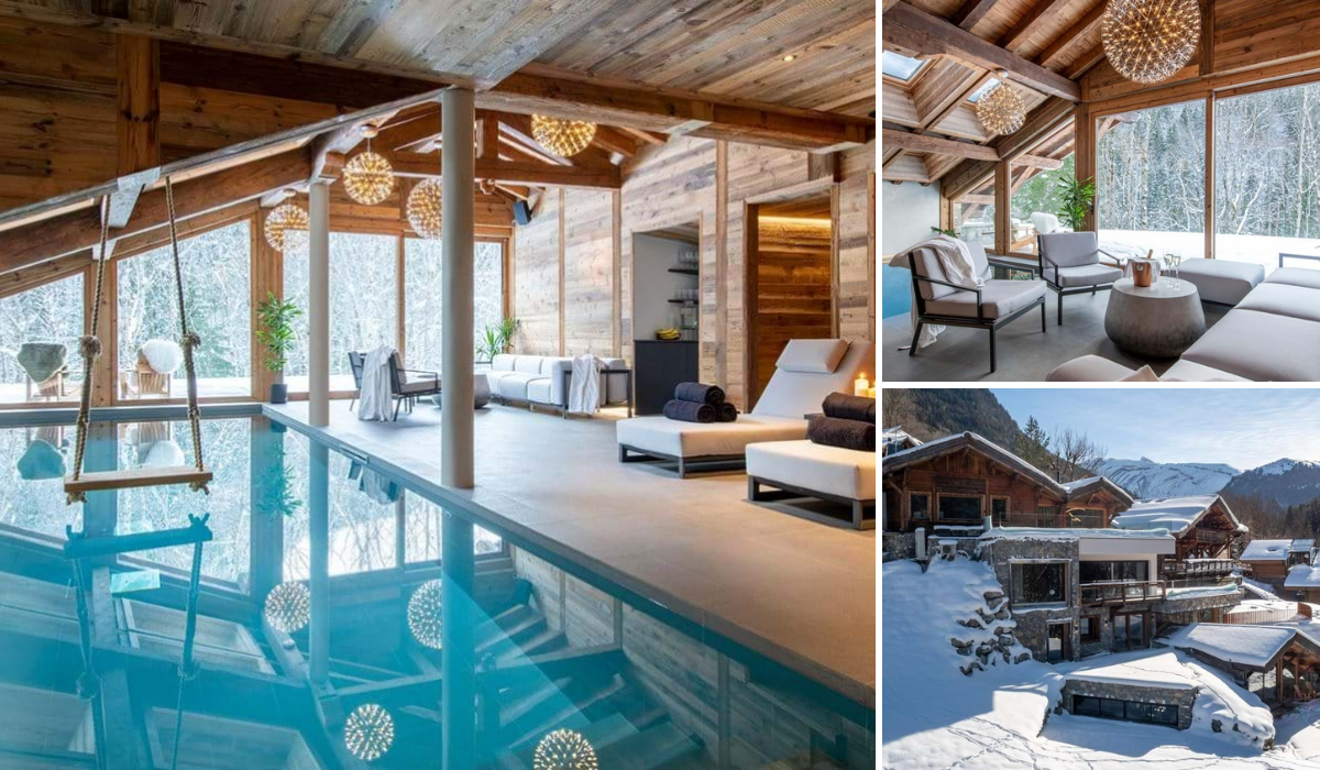 Bright, naturally lit indoor swimming pool with spa area. There is a swing above the pool.