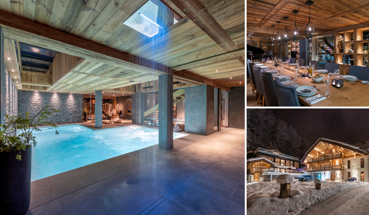 Indoor pool and spa area, long dining table with grand piano, exterior property, covered in snow.