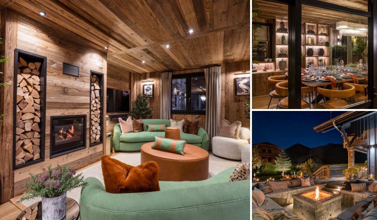 Cosy living area with fire plae and stacked wood either side. View of the fire pit with outdoor seating