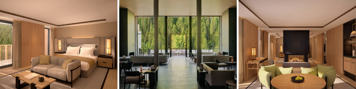 Three Images: Hotel Bedroom, Seating area facing the lush green forest, Bedroom suite living area.