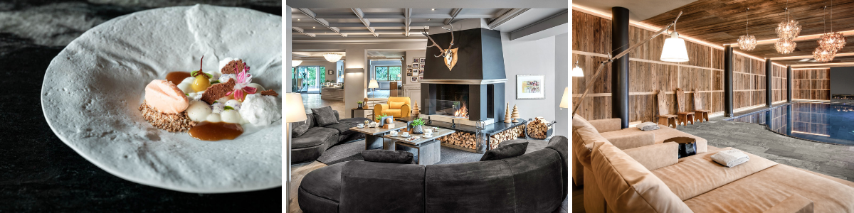 Three images: White plate with fine-dining desert, lounge area with fireplace, spa area, with luxurious lighting and blue indoor pool.