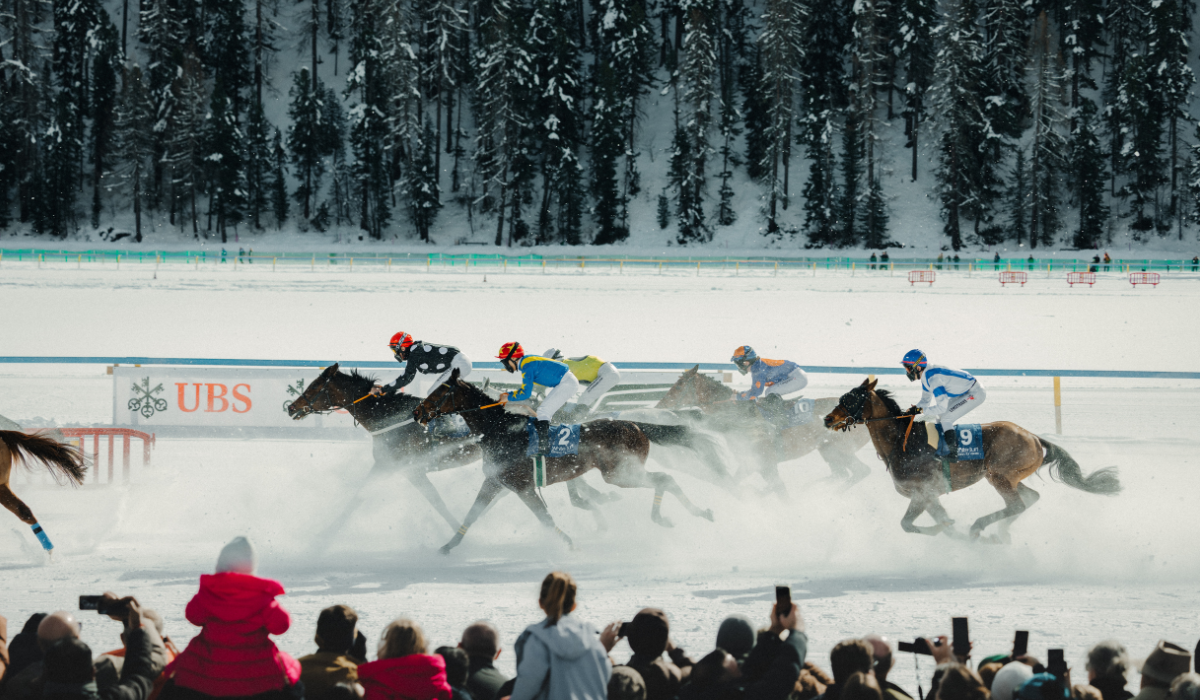 Race horses on the frozen lake, kicking up snow.