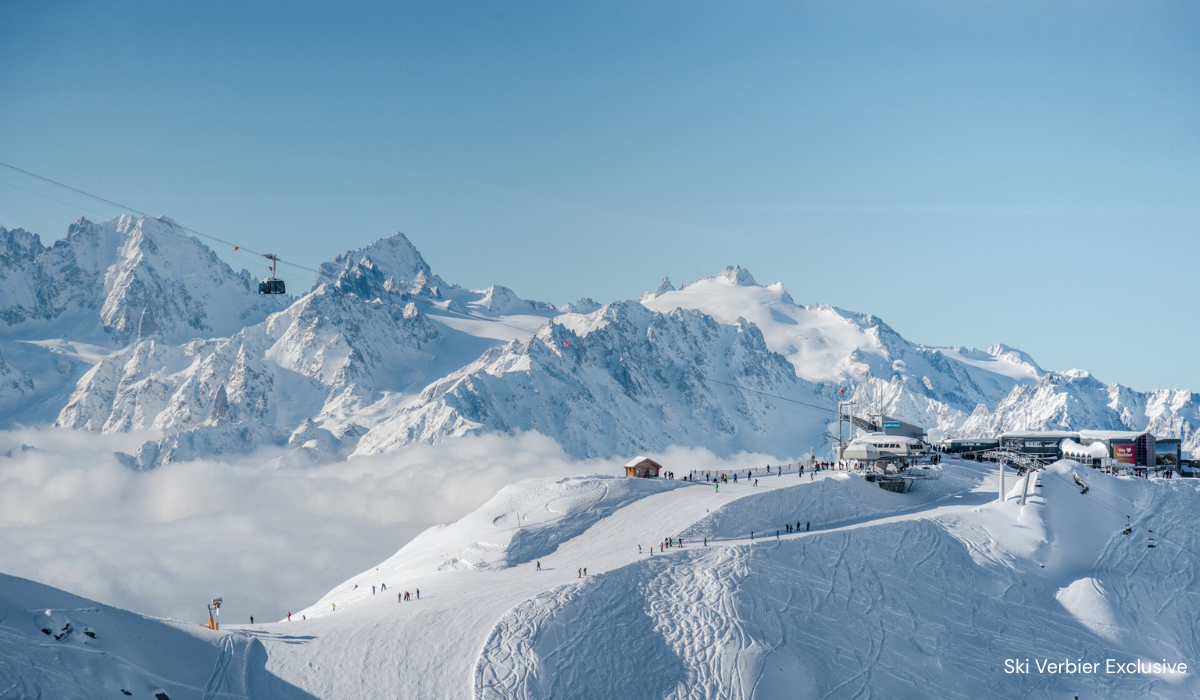 High mountain tops, white snow all around, There is a lift station in the mid-ground and rolling pistes in the foreground.