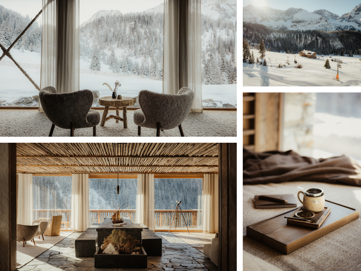 Minimalistic aesthetic with snowy pine forsest views.