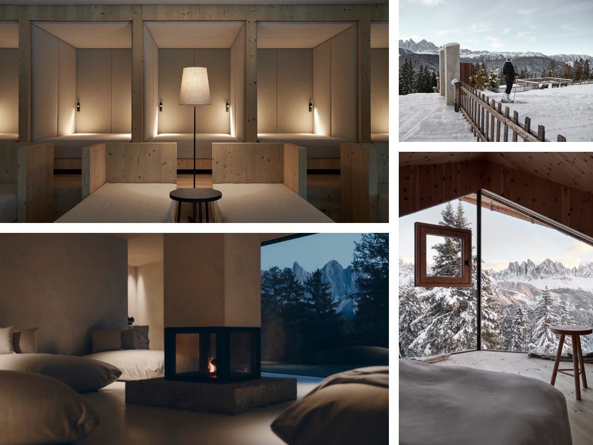 Minimalistic natural interiors with snowy alpine exterior view