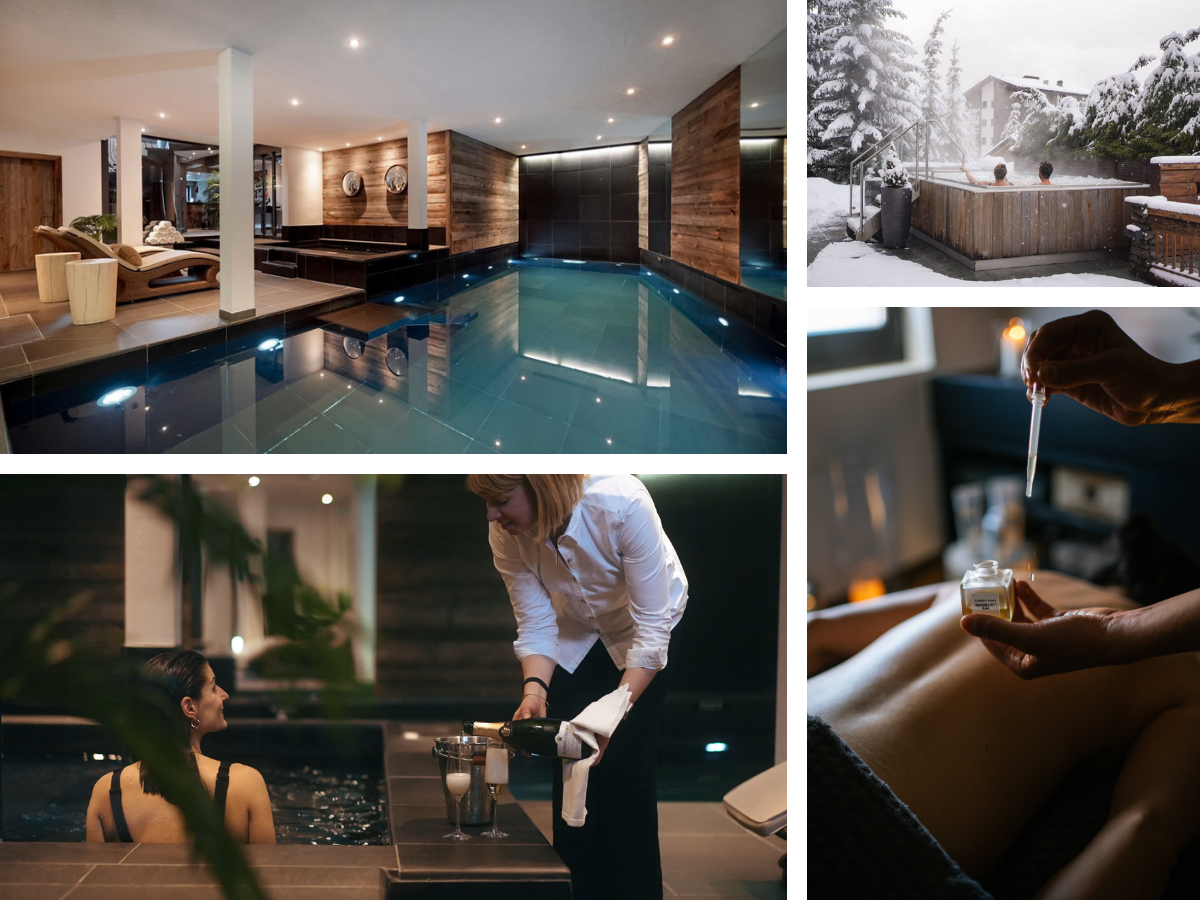 Indoor swimming pool. Woman being served bubbles into a flute by a staff member.